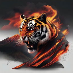 Produce an image of a tiger formed from volcanic elements