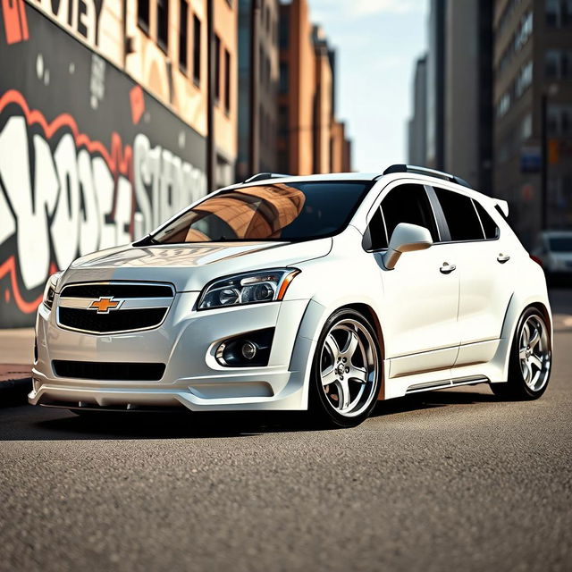 A lowered white 2012 Chevy Trax featuring an aggressive widebody kit