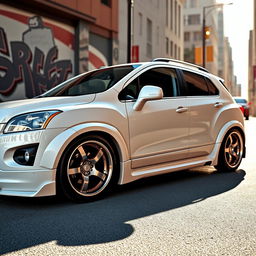 A lowered white 2012 Chevy Trax featuring an aggressive widebody kit