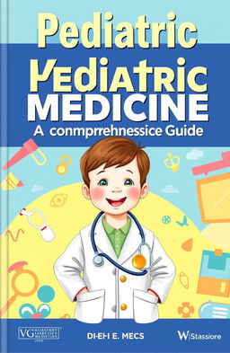 A detailed book cover design for a pediatric medicine textbook, featuring a bright and inviting illustration of a smiling child in a doctor's coat, holding a stethoscope