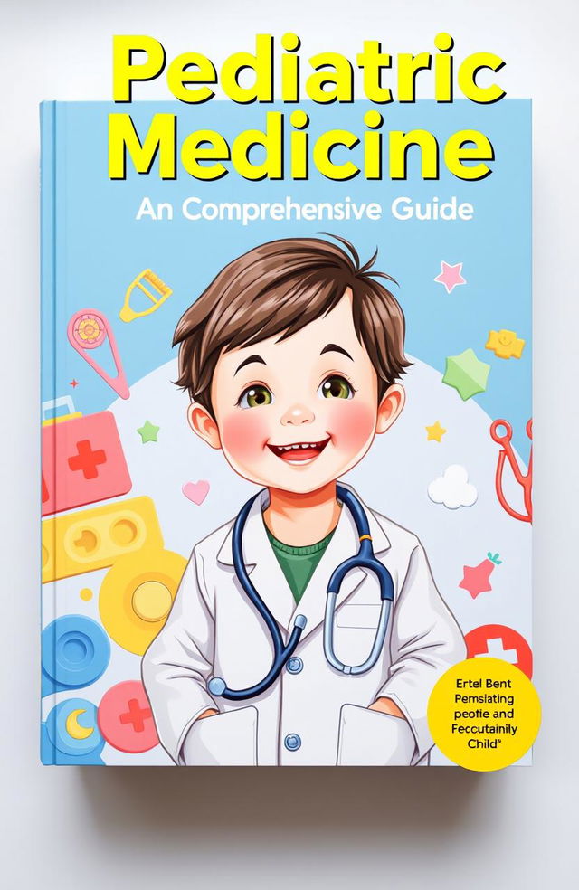 A detailed book cover design for a pediatric medicine textbook, featuring a bright and inviting illustration of a smiling child in a doctor's coat, holding a stethoscope