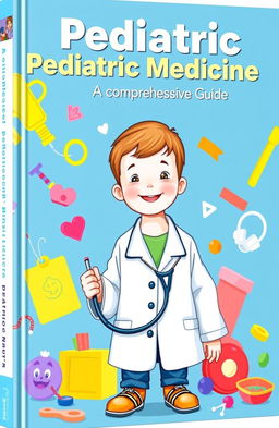 A detailed book cover design for a pediatric medicine textbook, featuring a bright and inviting illustration of a smiling child in a doctor's coat, holding a stethoscope