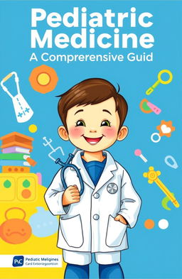 A detailed book cover design for a pediatric medicine textbook, featuring a bright and inviting illustration of a smiling child in a doctor's coat, holding a stethoscope