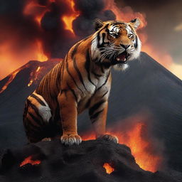 Produce an image of a tiger formed from volcanic elements