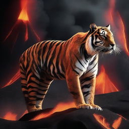 Produce an image of a tiger formed from volcanic elements