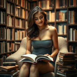 A beautiful, confident young woman sitting on a cozy chair surrounded by shelves filled with books