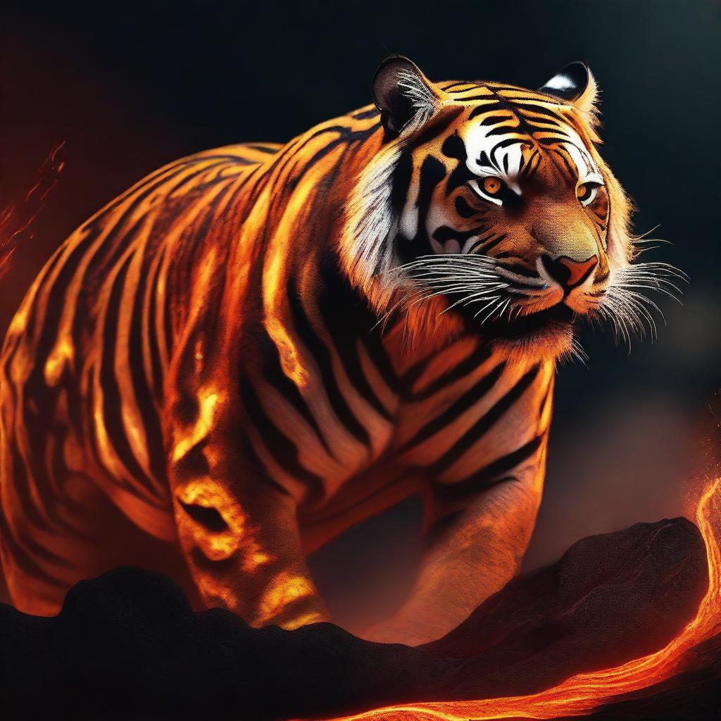 Generate an image of a powerful tiger, its form majestically manifested from volcanic lava