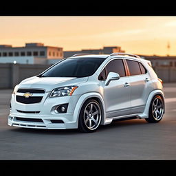 A lowered white 2012 Chevy Trax with a widebody kit, showcasing aggressive styling and enhanced aerodynamics