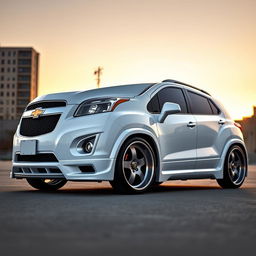 A lowered white 2012 Chevy Trax with a widebody kit, showcasing aggressive styling and enhanced aerodynamics