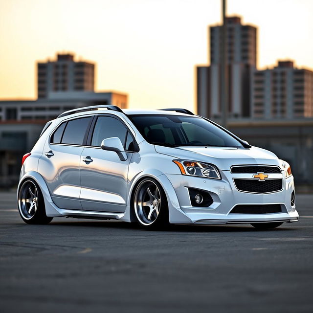 A lowered white 2012 Chevy Trax with a widebody kit, showcasing aggressive styling and enhanced aerodynamics