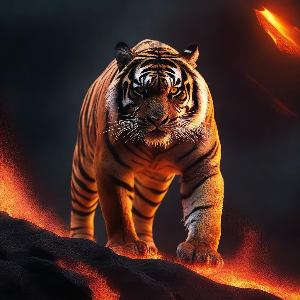 Generate an image of a powerful tiger, its form majestically manifested from volcanic lava