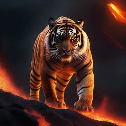 Generate an image of a powerful tiger, its form majestically manifested from volcanic lava