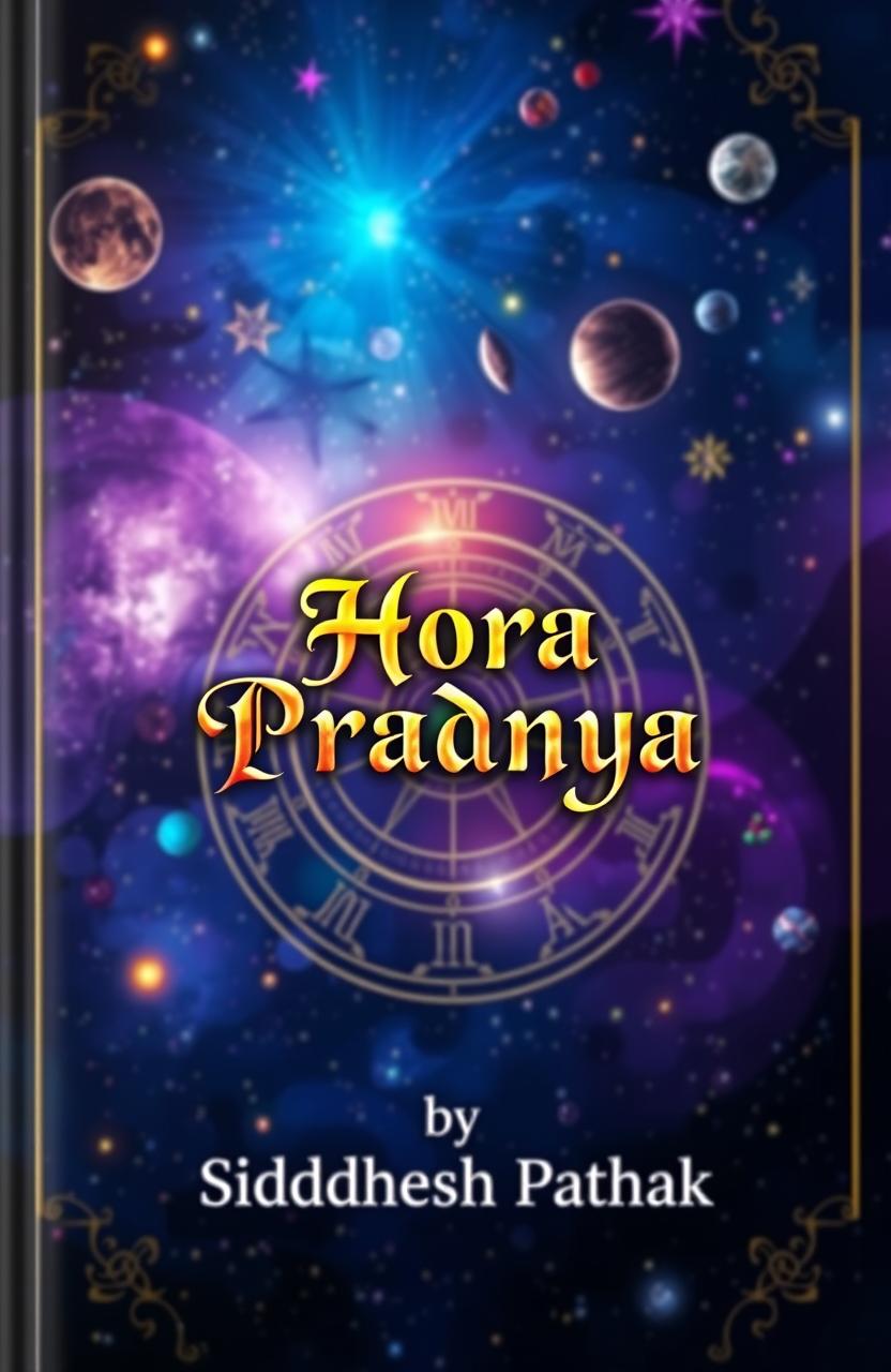 A captivating book cover design for an astrology-themed book titled 'Hora Pradnya' authored by Siddhesh Pathak