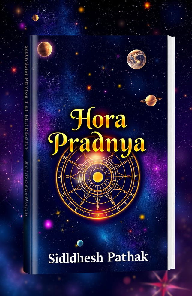 A captivating book cover design for an astrology-themed book titled 'Hora Pradnya' authored by Siddhesh Pathak