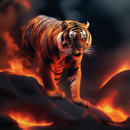 Generate an image of a powerful tiger, its form majestically manifested from volcanic lava