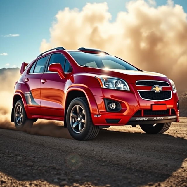 A vibrant red 2012 Chevy Trax inspired by World Rally Championship (WRC) styling, featuring aggressive decals, a sporty body kit with prominent spoilers, and off-road tires