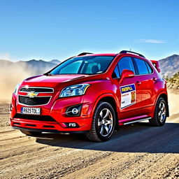 A vibrant red 2012 Chevy Trax inspired by World Rally Championship (WRC) styling, featuring aggressive decals, a sporty body kit with prominent spoilers, and off-road tires