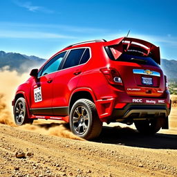 A vibrant red 2012 Chevy Trax inspired by World Rally Championship (WRC) styling, featuring aggressive decals, a sporty body kit with prominent spoilers, and off-road tires