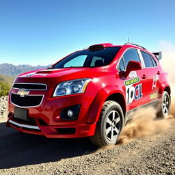 A vibrant red 2012 Chevy Trax inspired by World Rally Championship (WRC) styling, featuring aggressive decals, a sporty body kit with prominent spoilers, and off-road tires