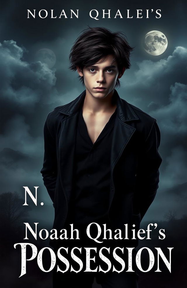 A visually captivating book cover for 'Noah Qhalief's Possession', depicting a handsome teenage boy with striking features, deep, smoldering eyes, and an enigmatic expression