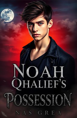 A visually captivating book cover for 'Noah Qhalief's Possession', depicting a handsome teenage boy with striking features, deep, smoldering eyes, and an enigmatic expression