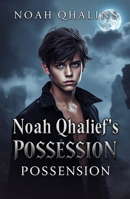 A visually captivating book cover for 'Noah Qhalief's Possession', depicting a handsome teenage boy with striking features, deep, smoldering eyes, and an enigmatic expression