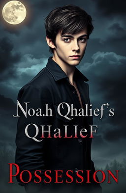 A visually captivating book cover for 'Noah Qhalief's Possession', depicting a handsome teenage boy with striking features, deep, smoldering eyes, and an enigmatic expression