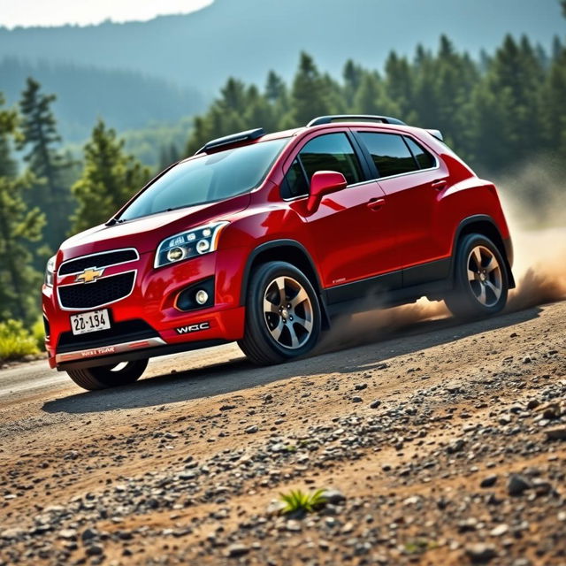 A stunning red 2012 Chevy Trax inspired by WRC (World Rally Championship) styling, featuring aggressive lines and an aerodynamic design