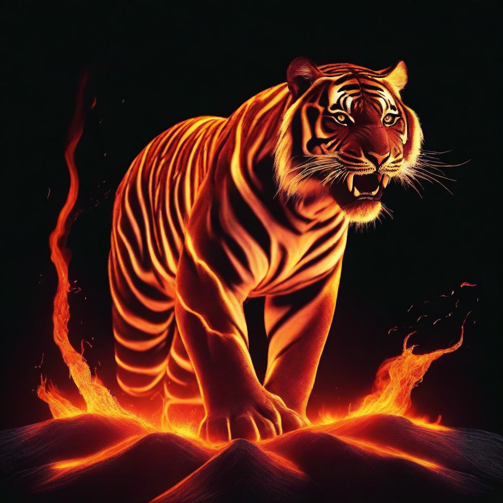 Generate an image of a mesmerizing tiger comprised of molten magma