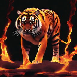 Generate an image of a mesmerizing tiger comprised of molten magma