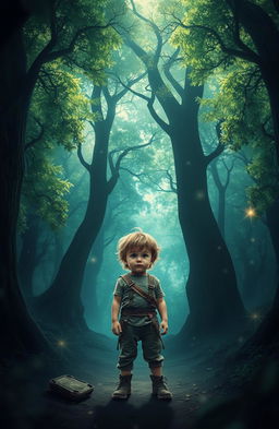 A mystical forest background, filled with magical trees and ethereal light glowing through the leaves