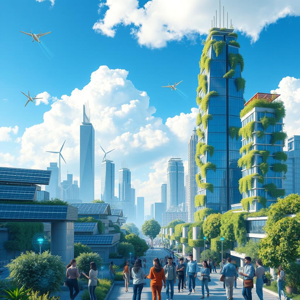 A beautiful and imaginative depiction of a futuristic cityscape showcasing renewable resources, with solar panels on every rooftop, wind turbines integrated into modern skyscrapers, and lush vertical gardens cascading down the sides of buildings