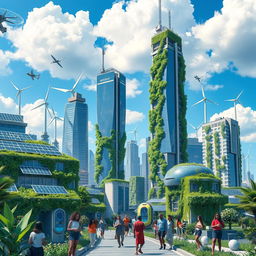 A beautiful and imaginative depiction of a futuristic cityscape showcasing renewable resources, with solar panels on every rooftop, wind turbines integrated into modern skyscrapers, and lush vertical gardens cascading down the sides of buildings