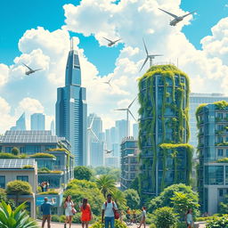 A beautiful and imaginative depiction of a futuristic cityscape showcasing renewable resources, with solar panels on every rooftop, wind turbines integrated into modern skyscrapers, and lush vertical gardens cascading down the sides of buildings