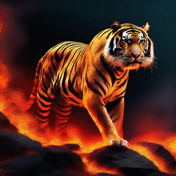 Generate an image of a mesmerizing tiger comprised of molten magma