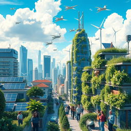 A beautiful and imaginative depiction of a futuristic cityscape showcasing renewable resources, with solar panels on every rooftop, wind turbines integrated into modern skyscrapers, and lush vertical gardens cascading down the sides of buildings