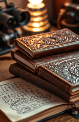 A close-up of a stack of artistic leather-bound surveillance journals, displaying intricate embossed patterns on the covers, with aged textures and a slightly worn appearance