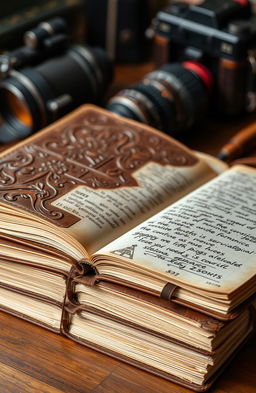 A close-up of a stack of artistic leather-bound surveillance journals, displaying intricate embossed patterns on the covers, with aged textures and a slightly worn appearance