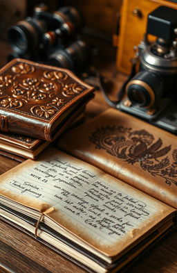 A close-up of a stack of artistic leather-bound surveillance journals, displaying intricate embossed patterns on the covers, with aged textures and a slightly worn appearance