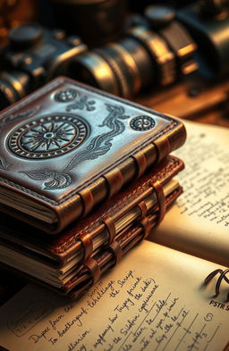 A close-up of a stack of artistic leather-bound surveillance journals, displaying intricate embossed patterns on the covers, with aged textures and a slightly worn appearance