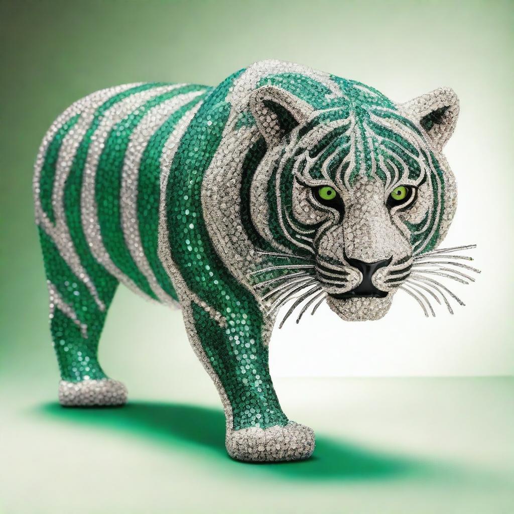 Generate an image of an elegant Bengal tiger crafted fully from shimmering diamonds