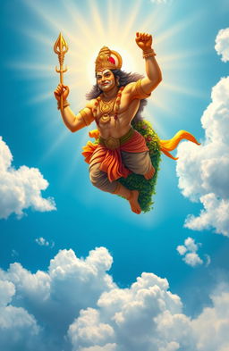A majestic depiction of Hanuman, the Hindu deity, soaring through the sky while carrying the Sanjeevani Parbat, a mythical mountain known for its healing properties