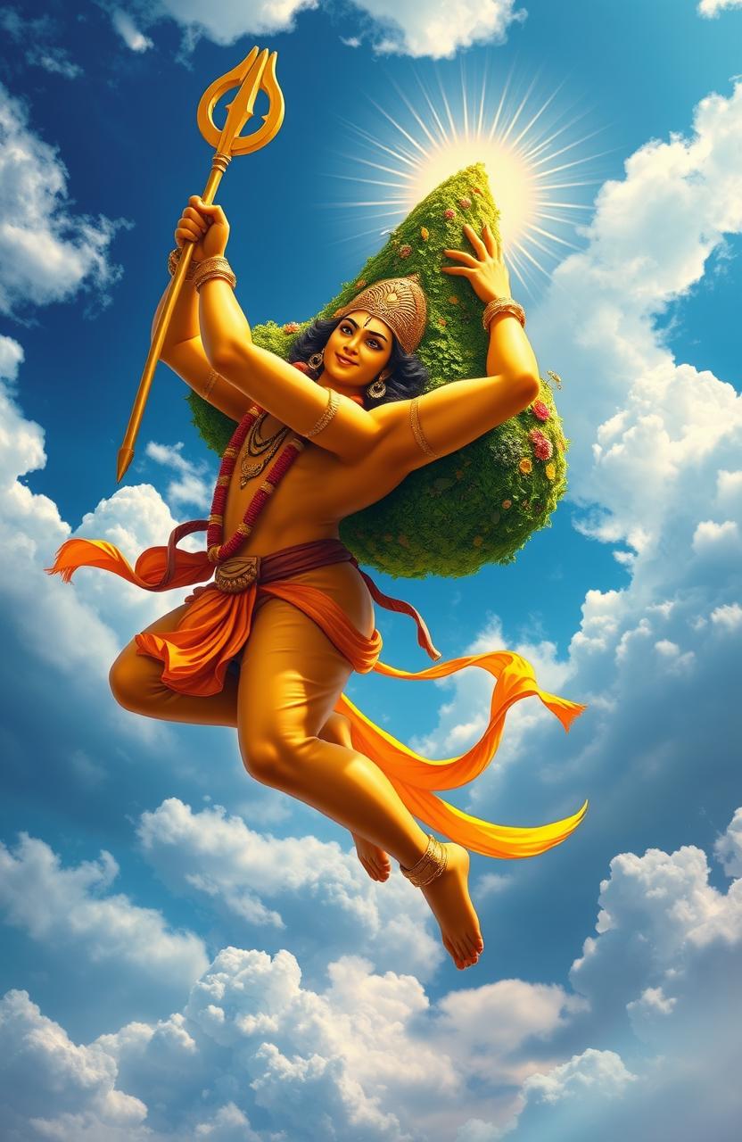 A majestic depiction of Hanuman, the Hindu deity, soaring through the sky while carrying the Sanjeevani Parbat, a mythical mountain known for its healing properties