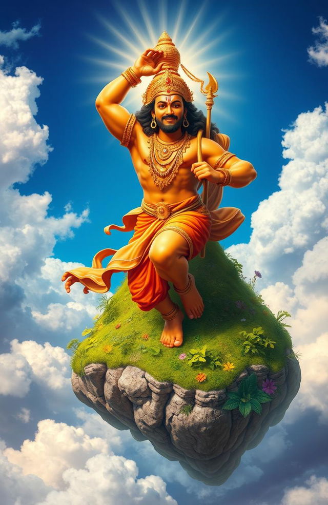 A majestic depiction of Hanuman, the Hindu deity, soaring through the sky while carrying the Sanjeevani Parbat, a mythical mountain known for its healing properties