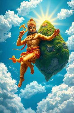 A majestic depiction of Hanuman, the Hindu deity, soaring through the sky while carrying the Sanjeevani Parbat, a mythical mountain known for its healing properties