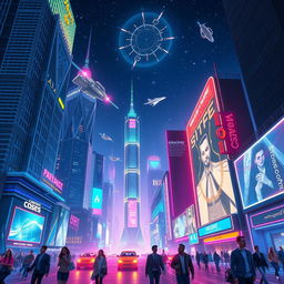 A vibrant digital artwork featuring a futuristic cityscape illuminated by neon lights under a starry night sky