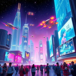 A vibrant digital artwork featuring a futuristic cityscape illuminated by neon lights under a starry night sky