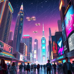 A vibrant digital artwork featuring a futuristic cityscape illuminated by neon lights under a starry night sky