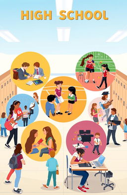 A vibrant and dynamic high school scene depicting six distinct groups of students, each representing a different aspect of high school life