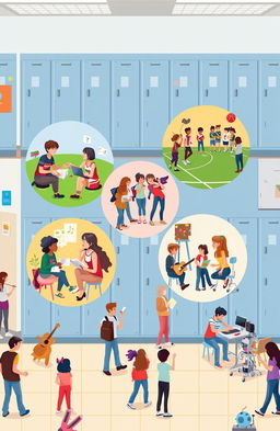 A vibrant and dynamic high school scene depicting six distinct groups of students, each representing a different aspect of high school life
